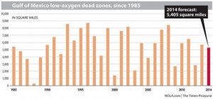 Size of low-oxygen dead zone measured each July along Louisiana's coast since 1985, in orange. Estimated size of this year's low-oxygen area, in red, based on the amount of nitrogen carried by the Mississippi River in May, is more than 5,400 square miles. That's about average, and the same size as the state of Connecticut. (Dan Swenson, NOLA.com | The Times-Picayune)
